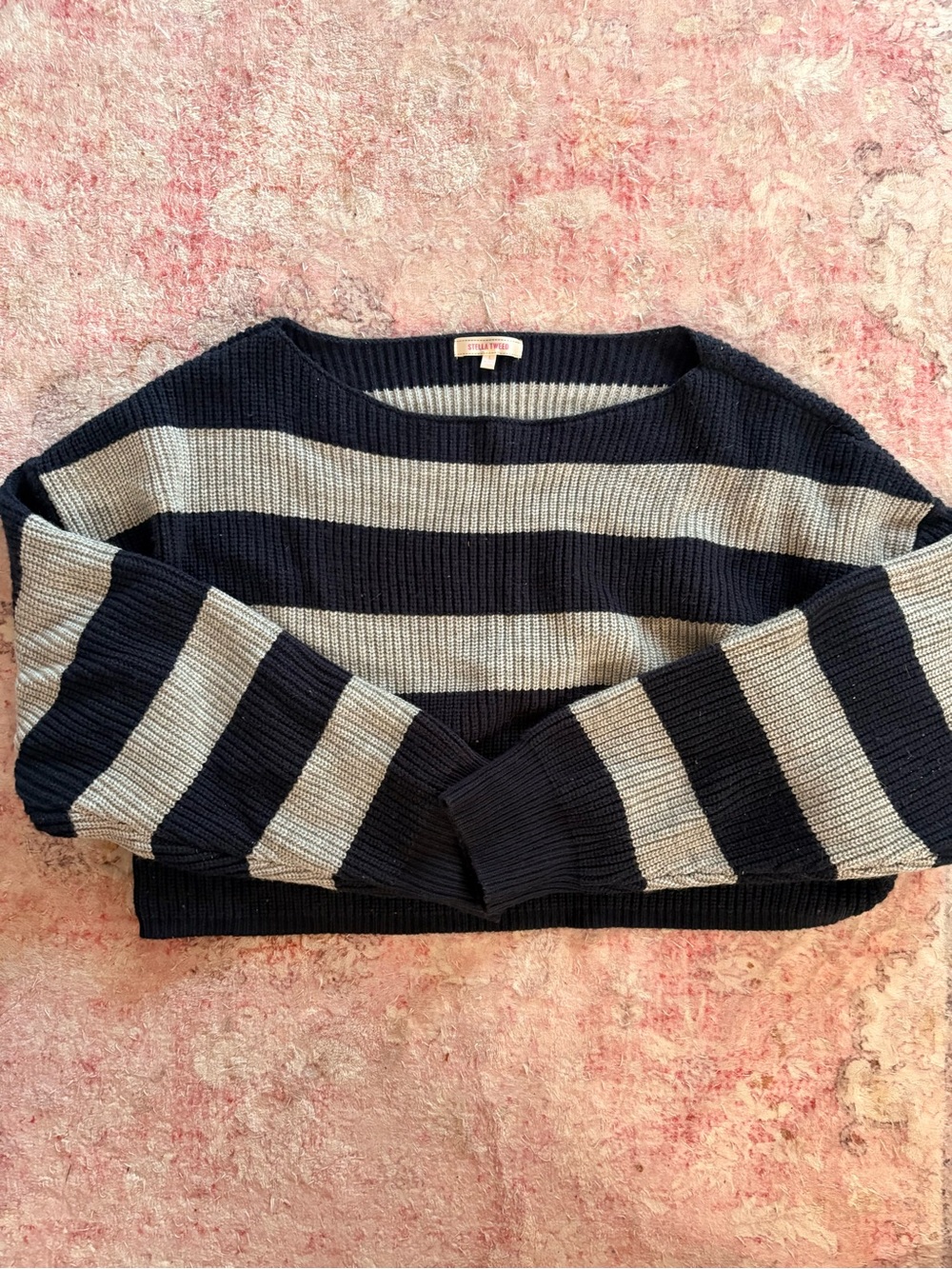 Stella Tweed Striped Navy and Gray Knit Sweater